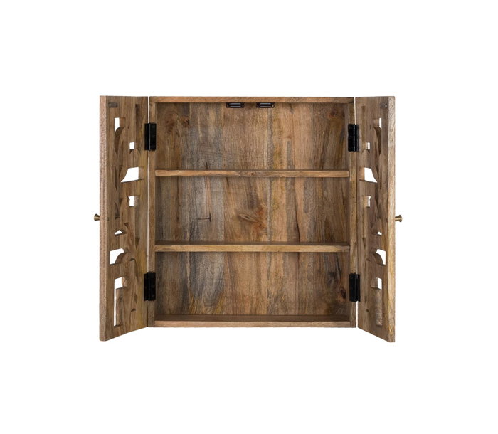 Étagère Mural Artisanale en Bois de Mango Massif 150 cm - Bibliothèque ou Vitrine avec Portes Ajourées à Motifs Sculptés Main et Fermeture Magnétique